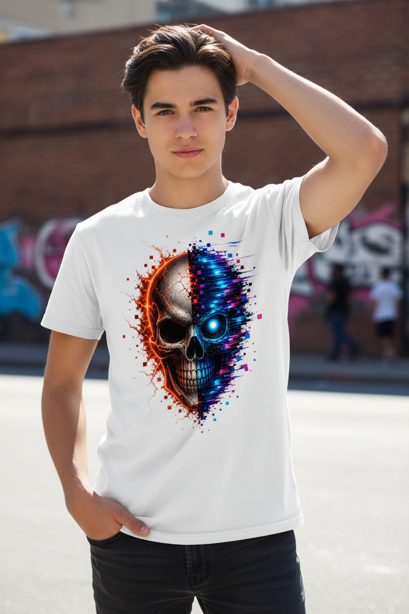 Kinder Basic T-Shirt Feuriger versus digitaler Totenschädel