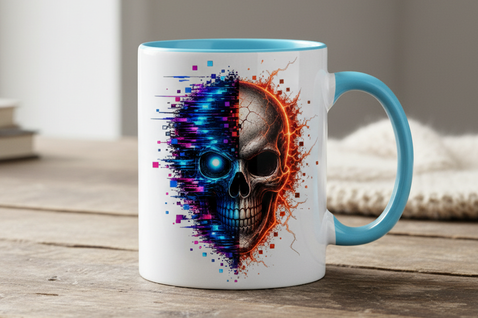 Tasse zweifarbig Feuriger versus digitaler Totenschädel
