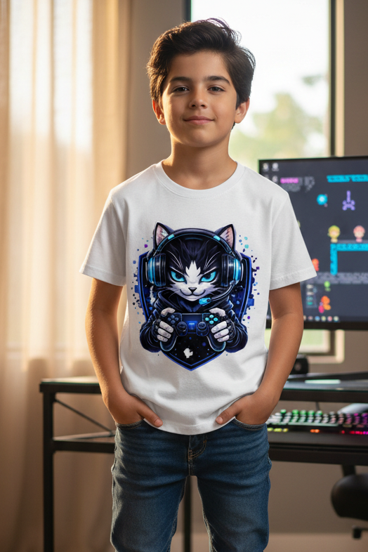 Kinder Basic T-Shirt Cyberkatze im neonfarbenen Gaming-Style