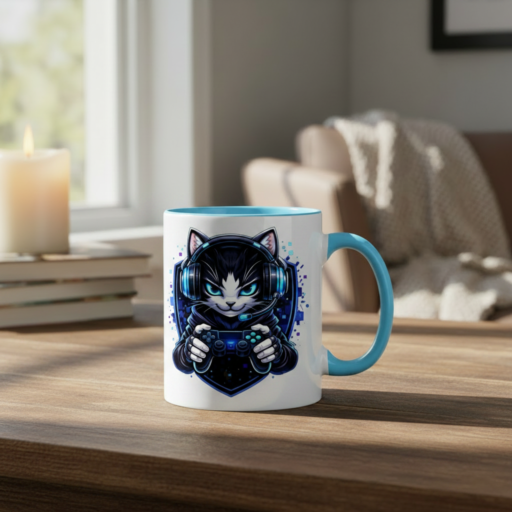 Tasse zweifarbig Cyberkatze im neonfarbenen Gaming-Style