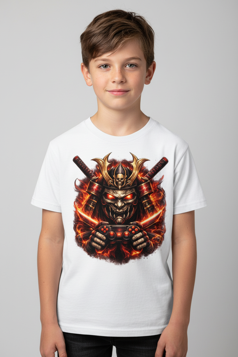 Kinder Basic T-Shirt Dämonischer Samurai mit brennenden Katanas