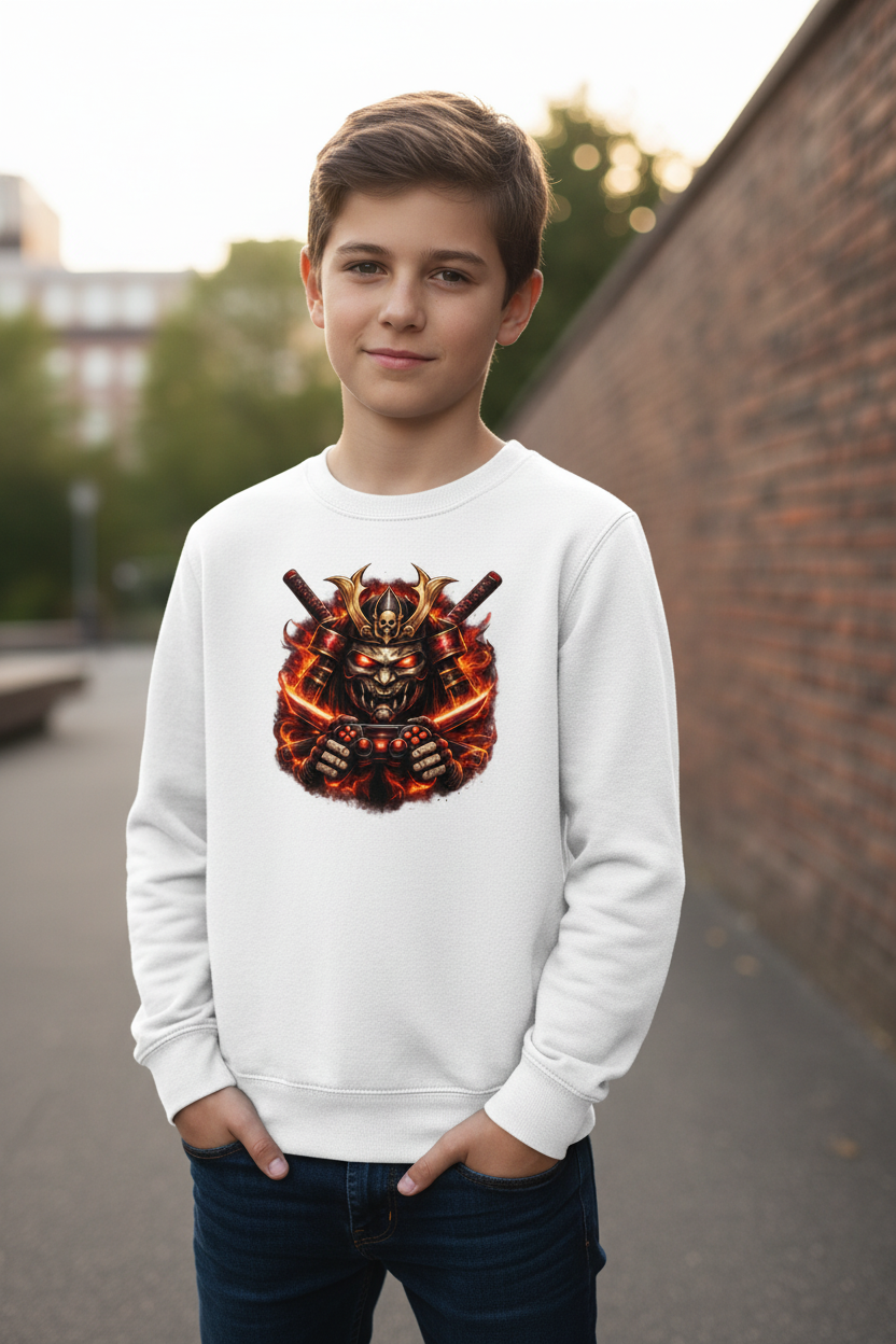 Kinder Sweatshirt Dämonischer Samurai mit brennenden Katanas