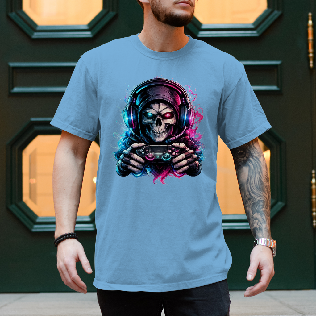 Herren T-Shirt Grimmiger Gamer mit leuchtendem Headset
