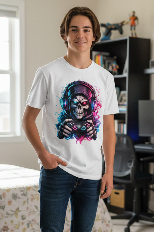 Kinder Basic T-Shirt Grimmiger Gamer mit leuchtendem Headset