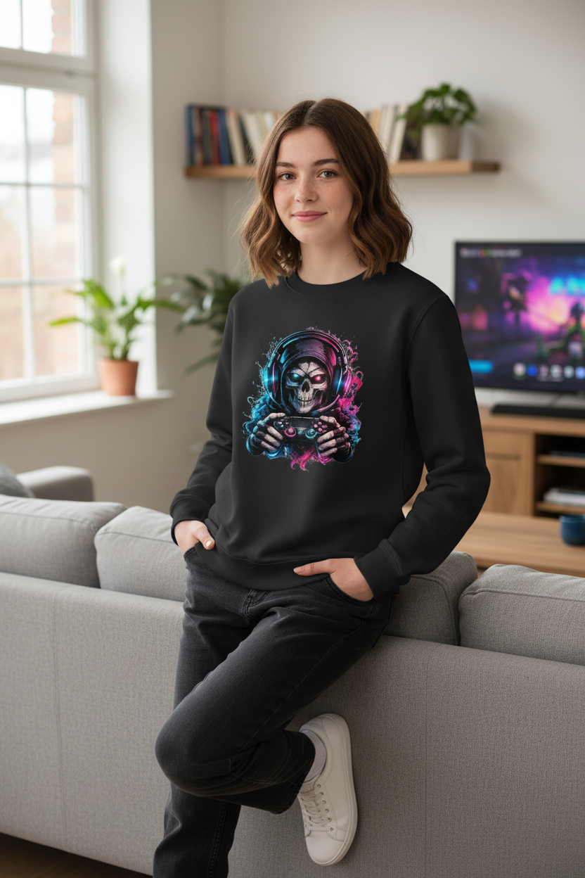 Kinder Sweatshirt Grimmiger Gamer mit leuchtendem Headset