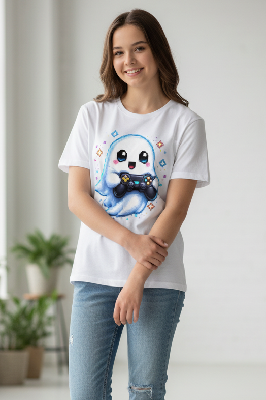 Kinder Basic T-Shirt Kleiner Geistermascot mit Spielcontroller