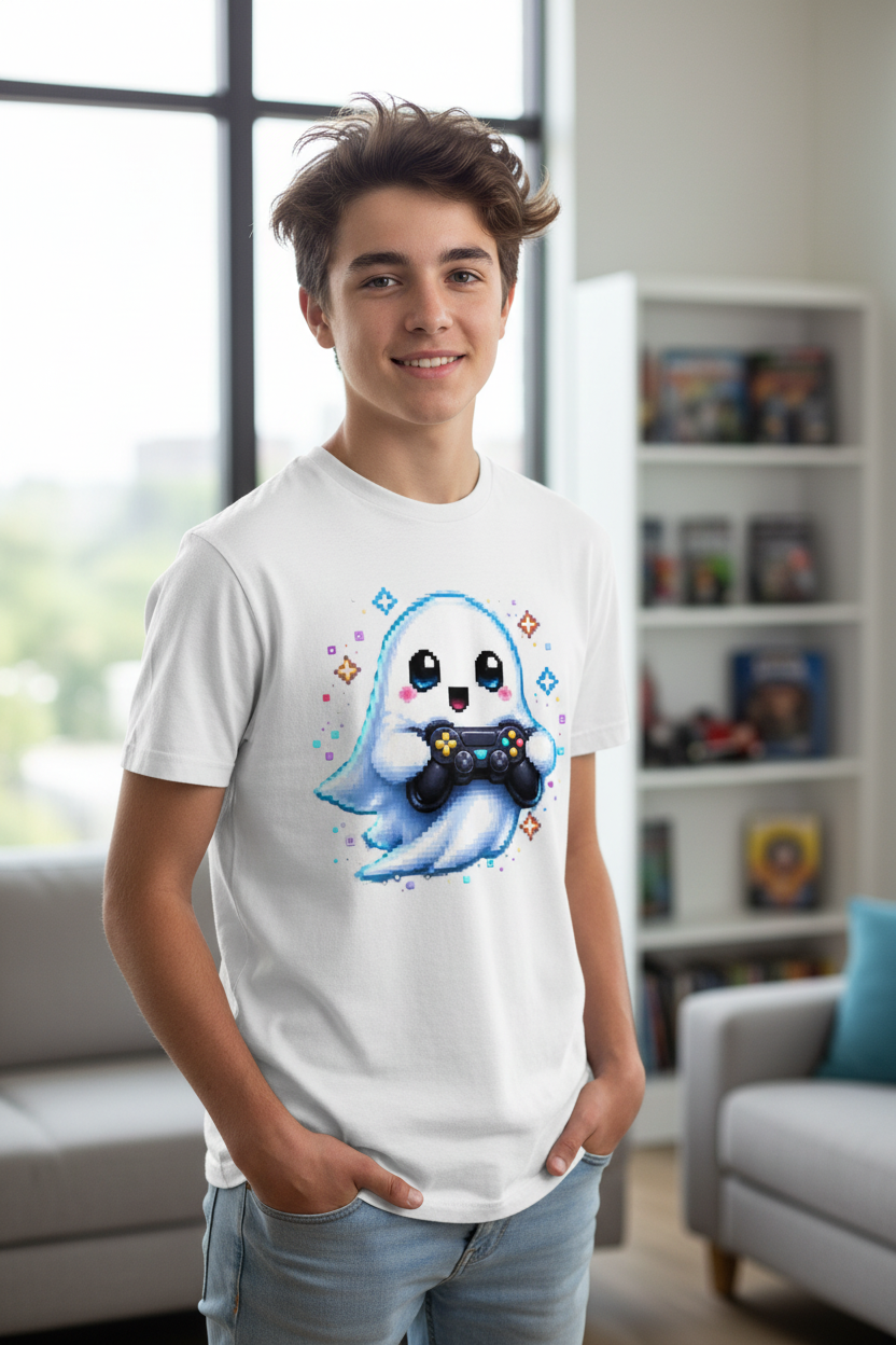 Kinder Basic T-Shirt Kleiner Geistermascot mit Spielcontroller