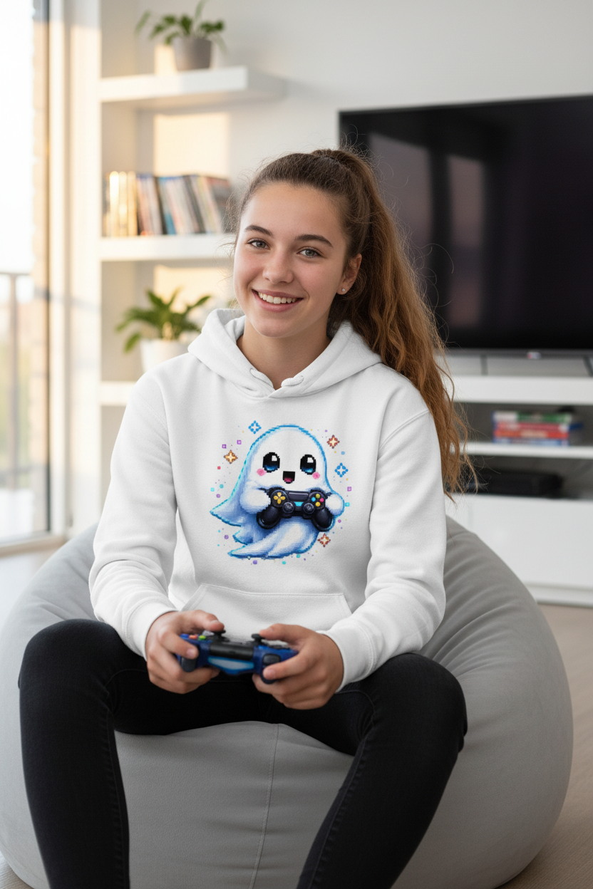 Kids Basic Hoodie Kleiner Geistermascot mit Spielcontroller