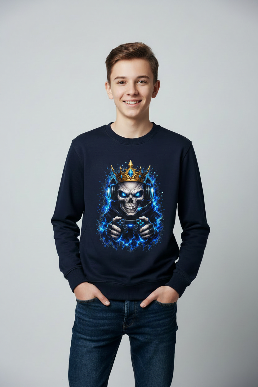 Kinder Sweatshirt Königlicher Gamer-Skelett-Maskottchen