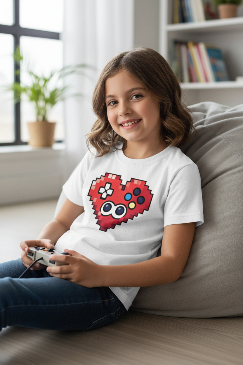 Kinder Basic T-Shirt Pixel Herz Controller