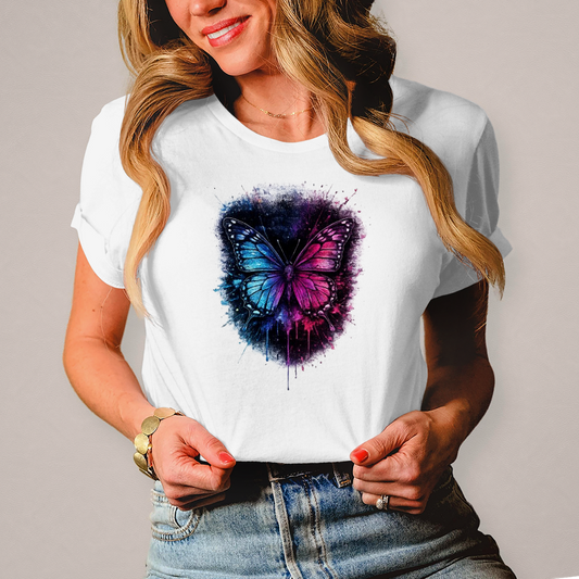 Damen T-Shirt Lebendige Schmetterling mit Farbspritzern