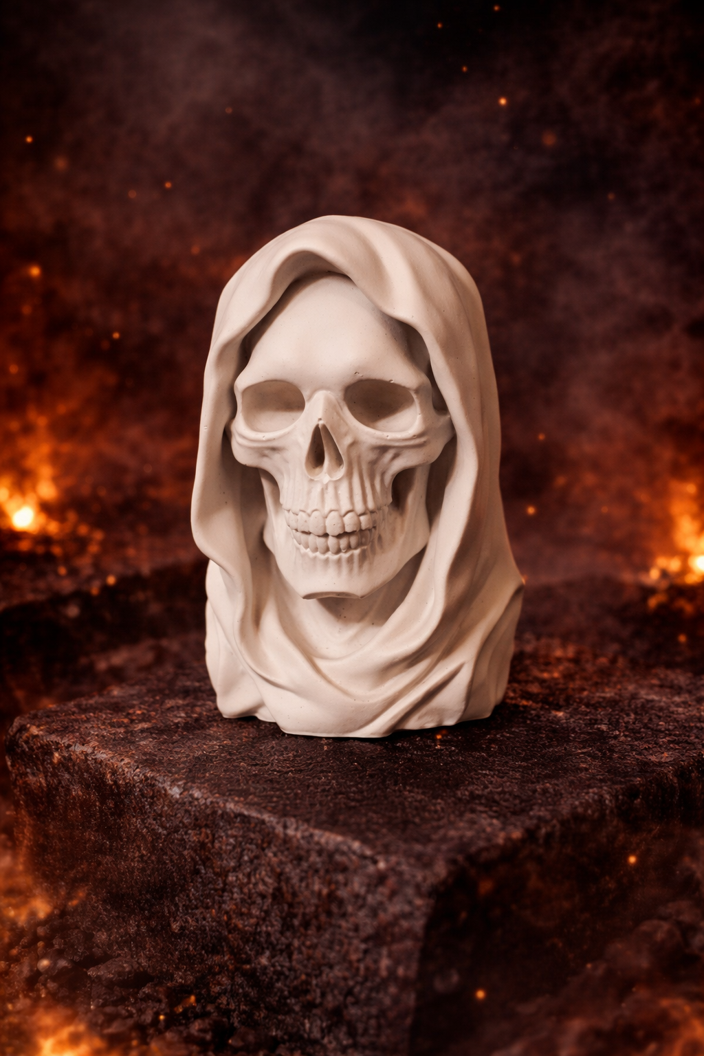 Handgefertigte Figur in Keramikoptik „Schädel mit Kapuze“
