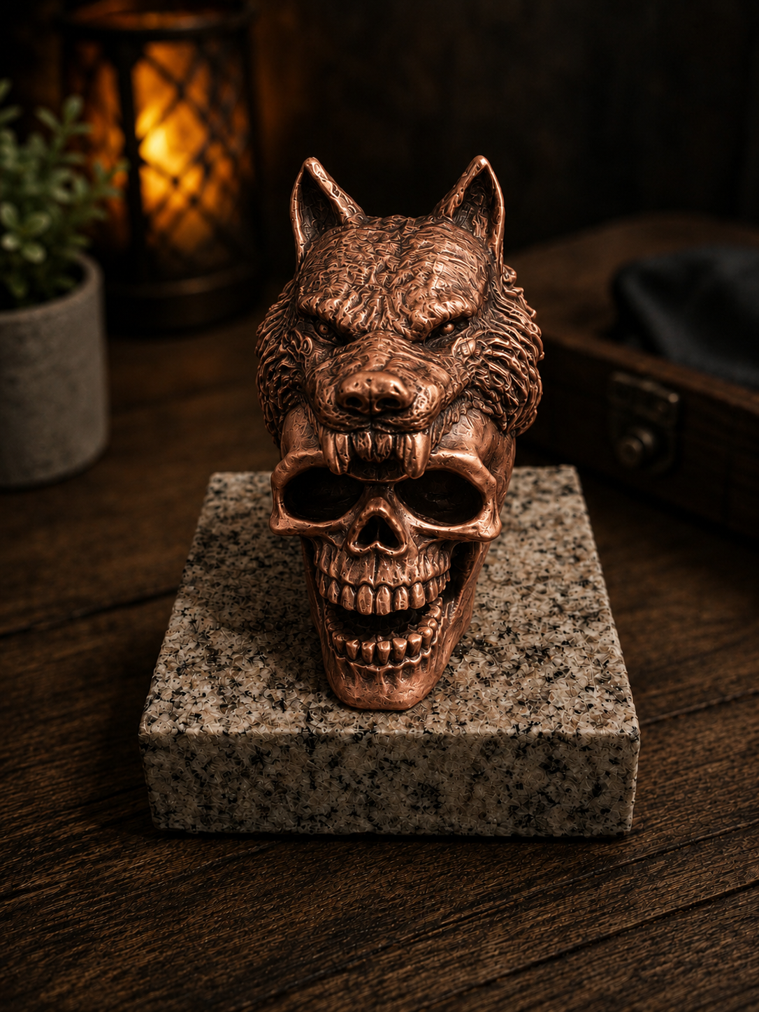 Wolf/Schädel handgefertigte Figur in Keramikoptik auf Stein