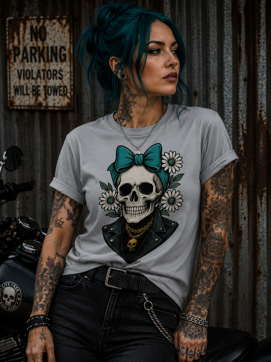 Damen T-Shirt Skelett Frau Gänseblümchen