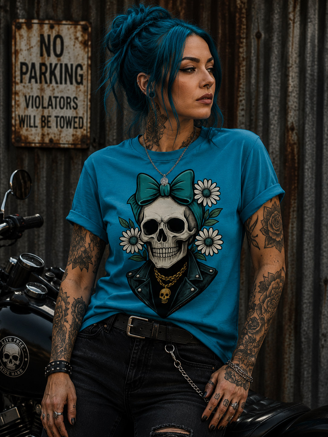 Damen T-Shirt Skelett Frau Gänseblümchen