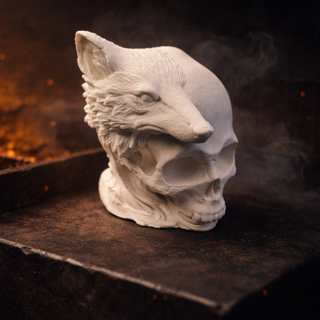 Handgefertigte Figur in Keramikoptik „Wolf & Schädel“