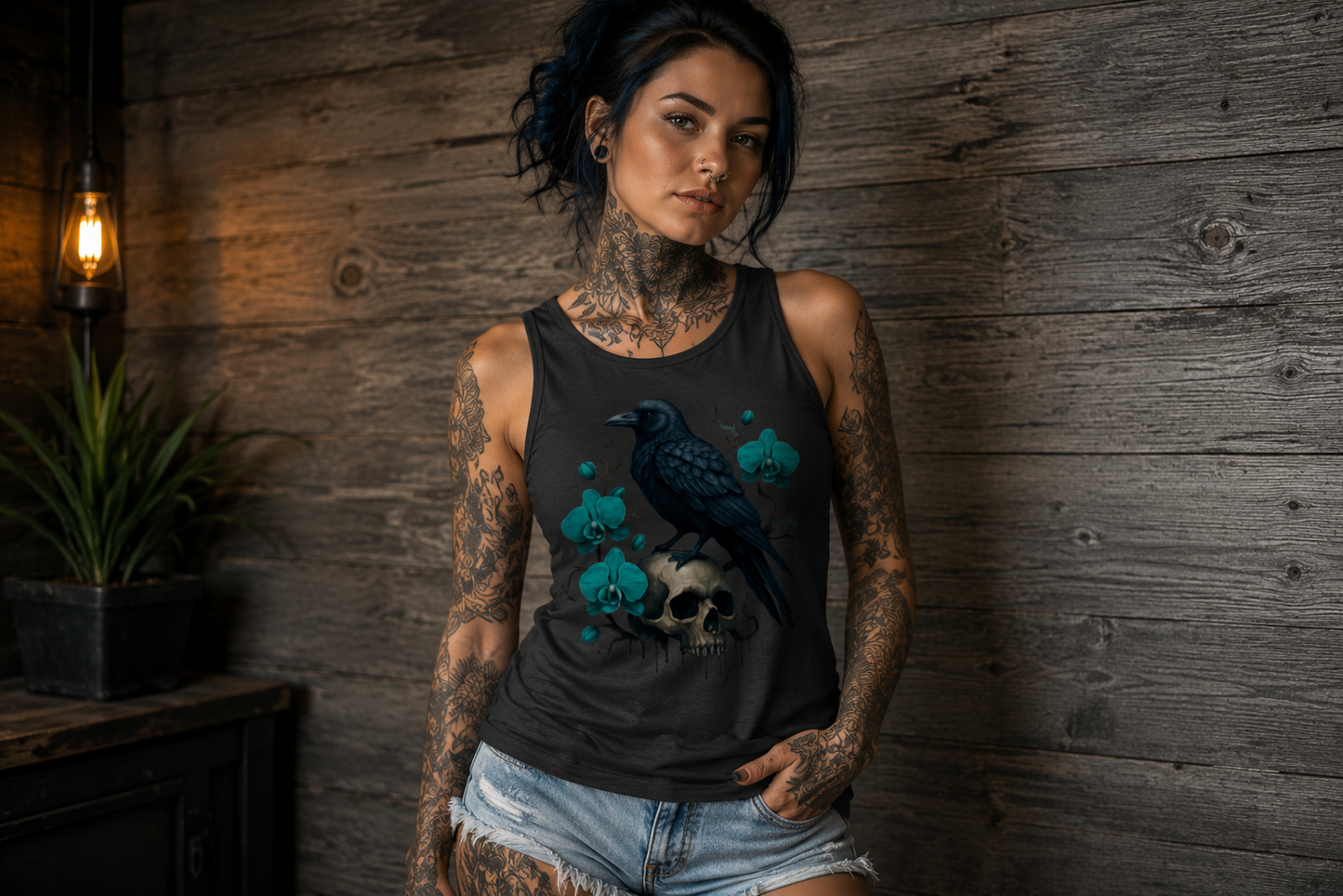 Damen Basic Tank Top Rabe auf Schädel mit türkisen Orchideen