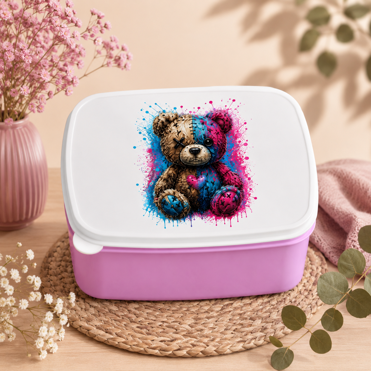 Lunchbox Gekritzeltes Teddy mit Farbspritzern
