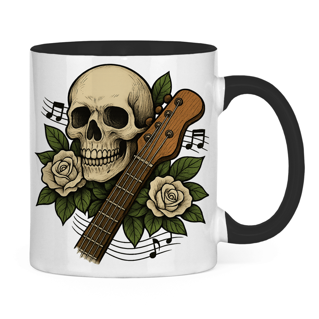 Tasse zweifarbig Schädel weiße Rosen Gitarre kaputt