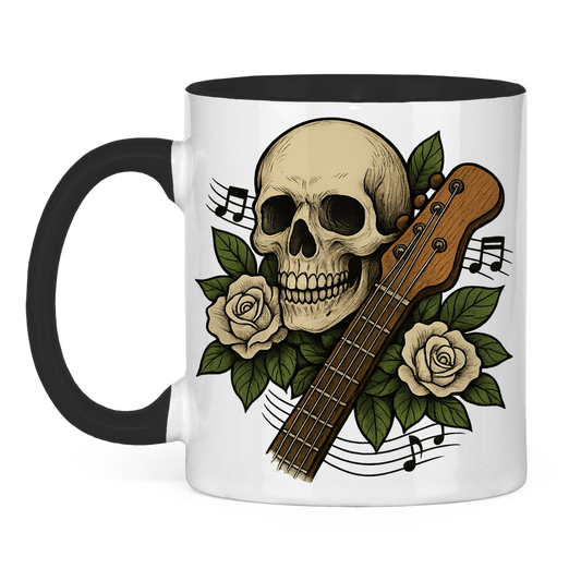 Tasse zweifarbig Schädel weiße Rosen Gitarre kaputt