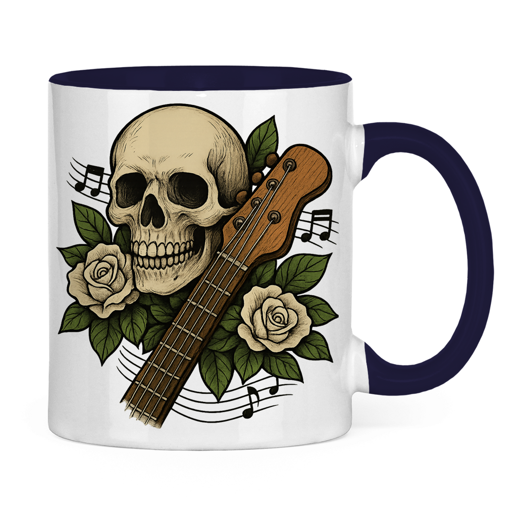Tasse zweifarbig Schädel weiße Rosen Gitarre kaputt