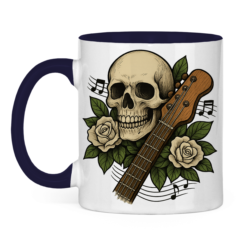 Tasse zweifarbig Schädel weiße Rosen Gitarre kaputt