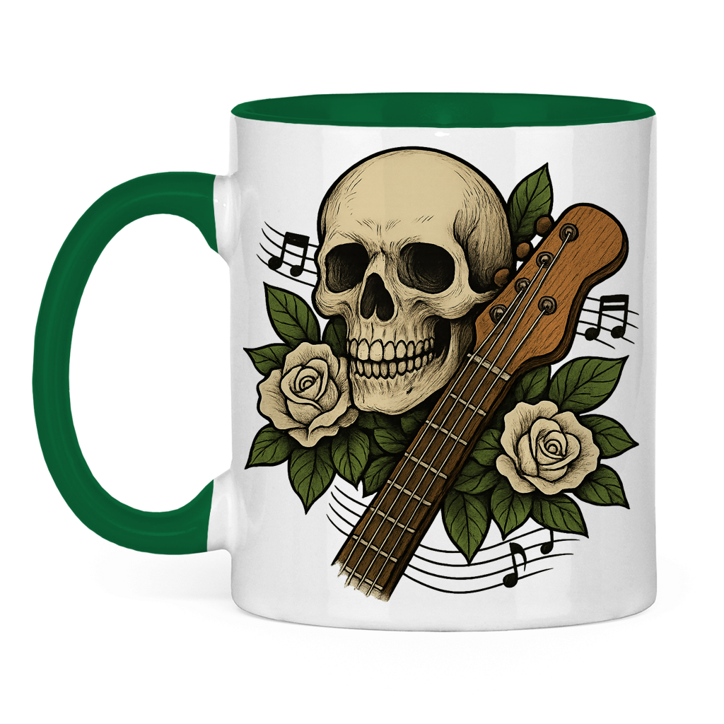 Tasse zweifarbig Schädel weiße Rosen Gitarre kaputt
