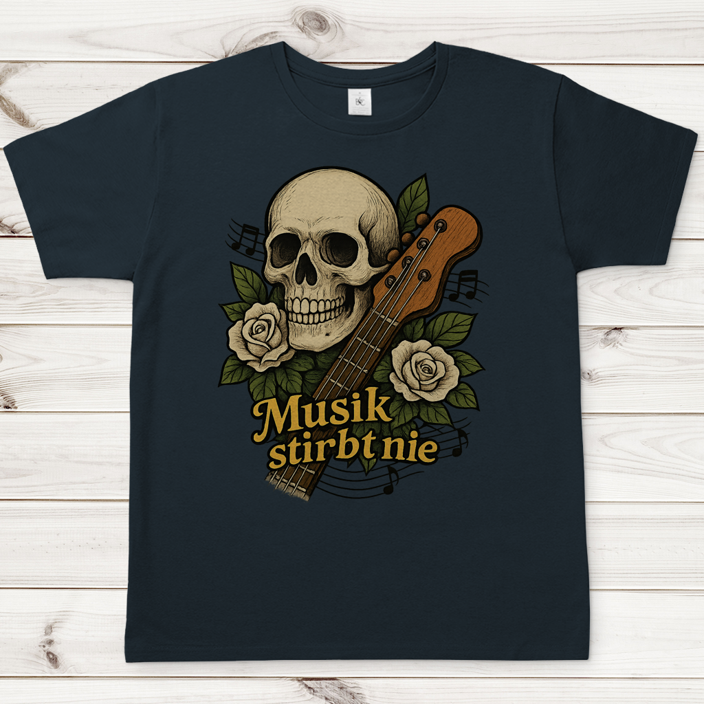 Herren T-Shirt Schädel weiße Rosen Musik stirbt nie