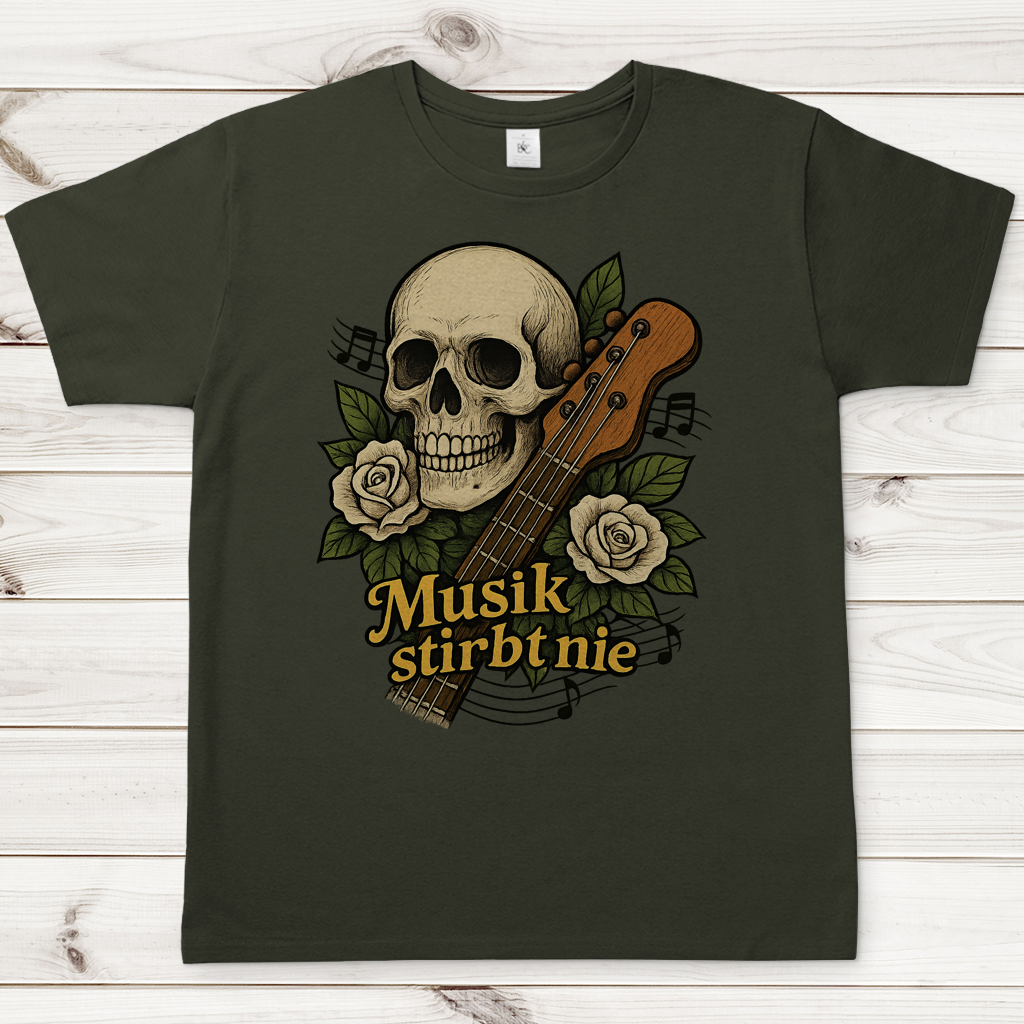 Herren T-Shirt Schädel weiße Rosen Musik stirbt nie