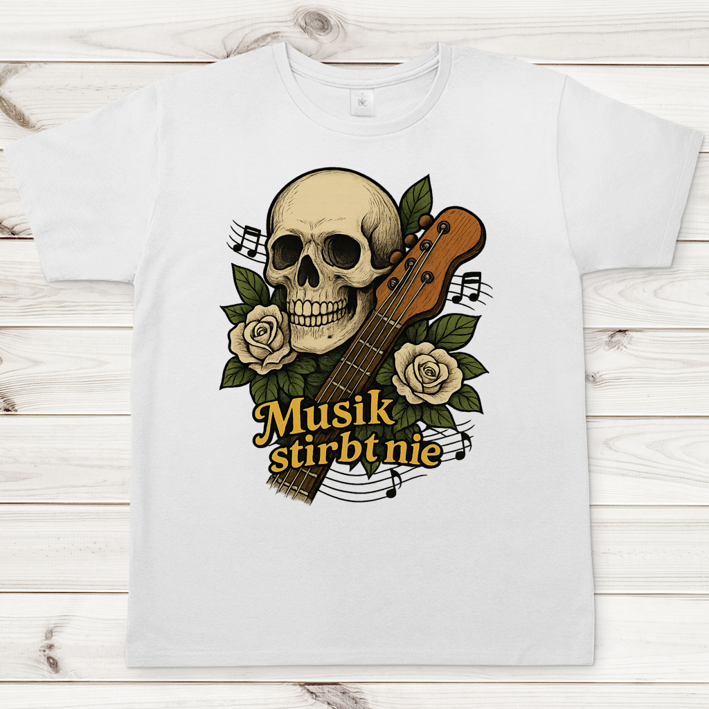 Herren T-Shirt Schädel weiße Rosen Musik stirbt nie