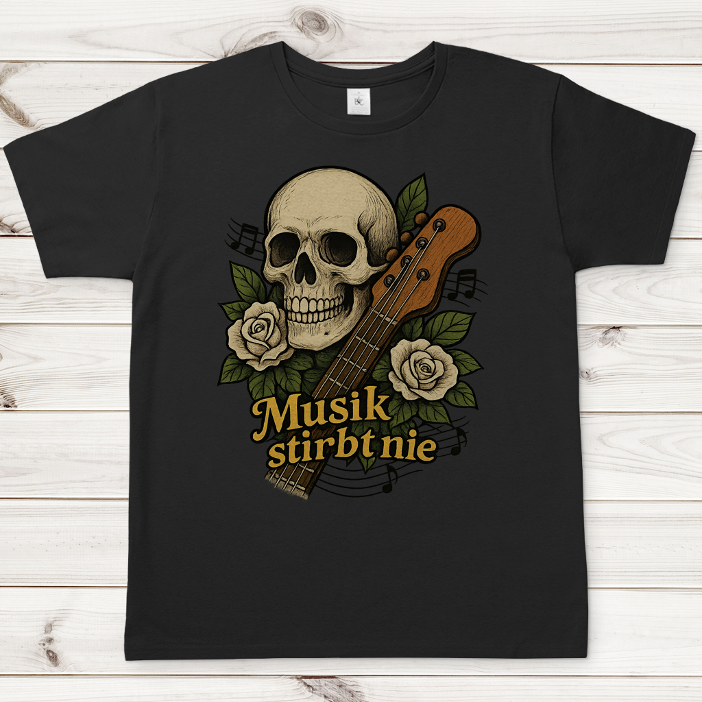 Herren T-Shirt Schädel weiße Rosen Musik stirbt nie