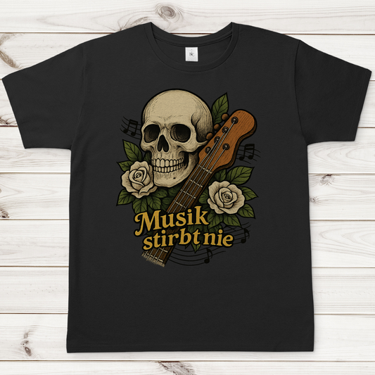 Herren T-Shirt Schädel weiße Rosen Musik stirbt nie