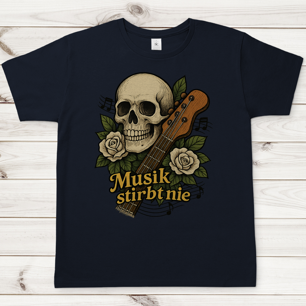 Herren T-Shirt Schädel weiße Rosen Musik stirbt nie