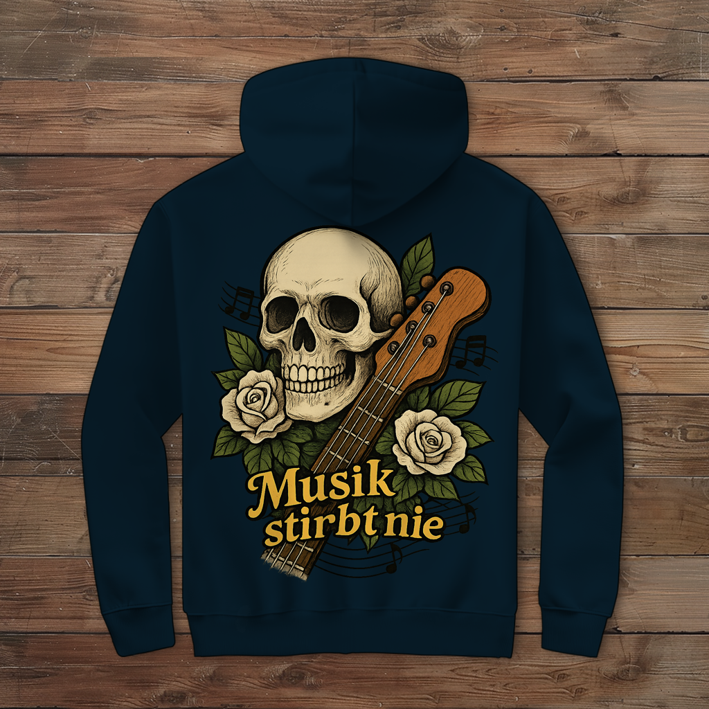 Herren Zipper Hoodie Schädel weiße Rosen Musik stirbt nie