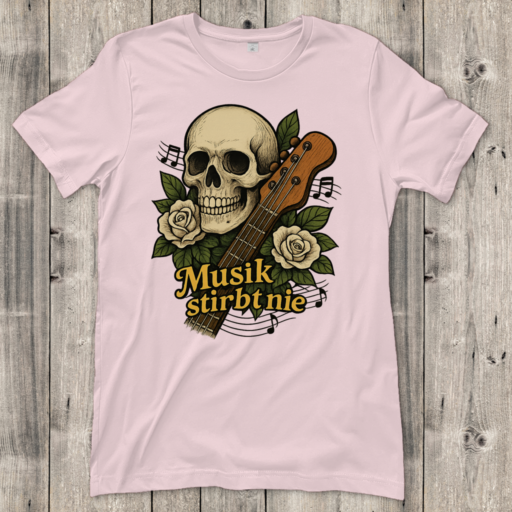 Damen T-Shirt Schädel weiße Rosen Musik stirbt nie