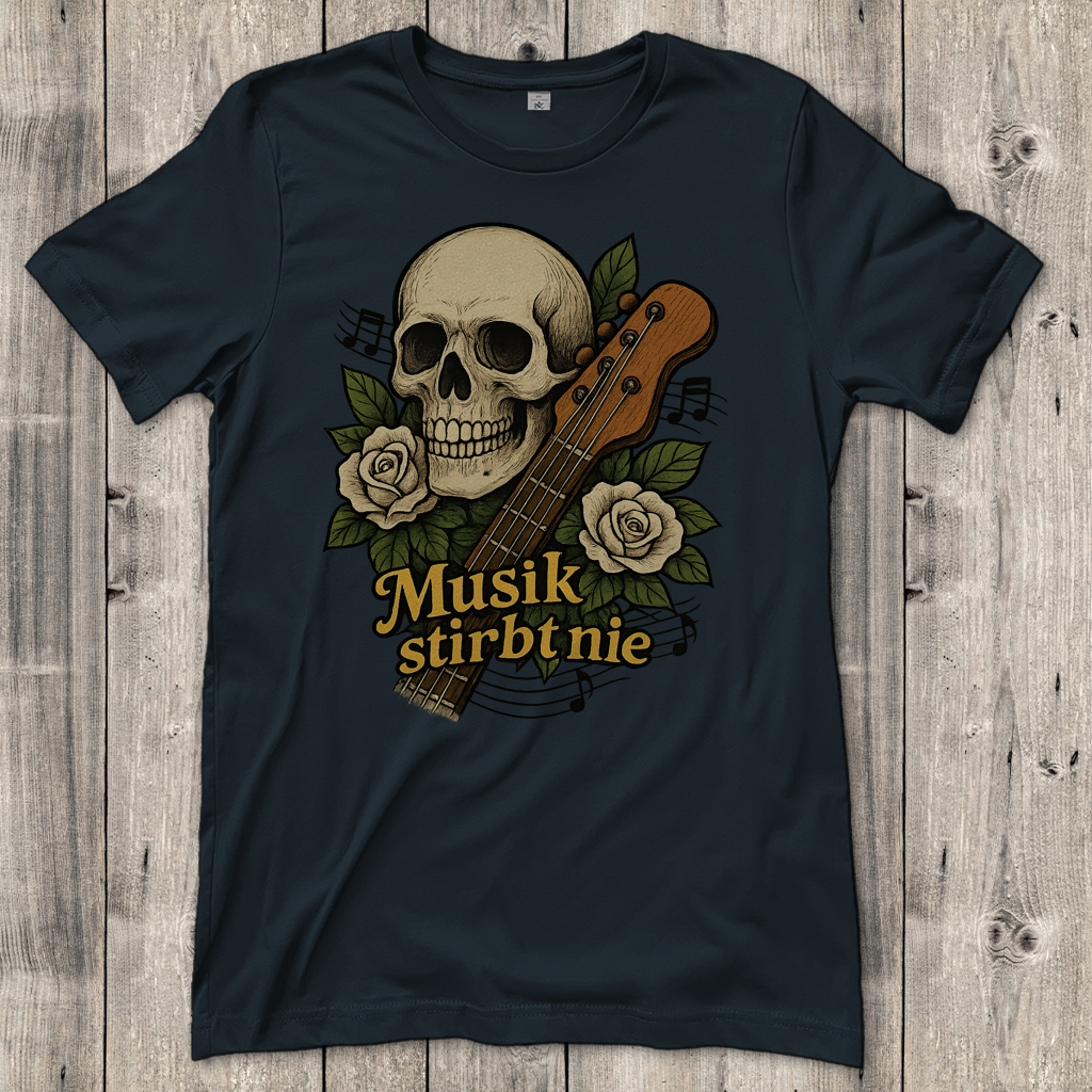 Damen T-Shirt Schädel weiße Rosen Musik stirbt nie
