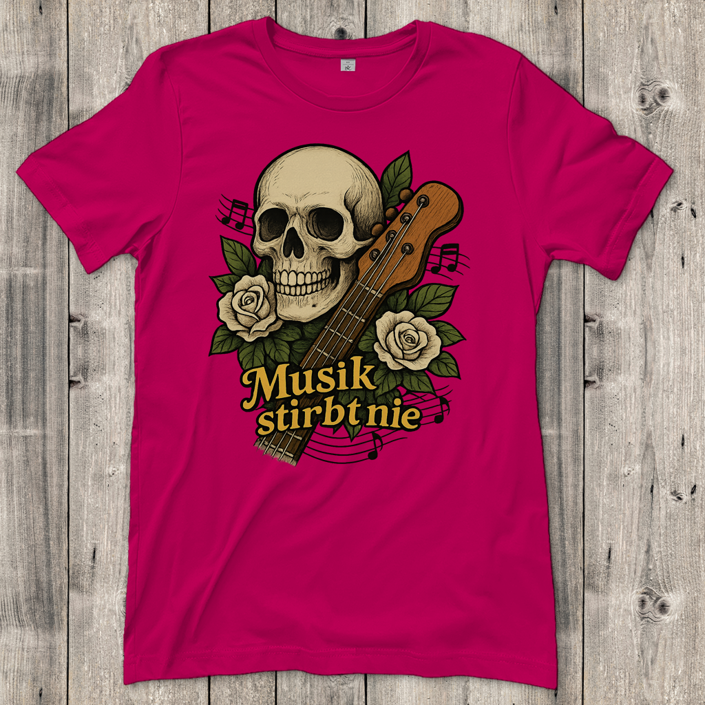 Damen T-Shirt Schädel weiße Rosen Musik stirbt nie