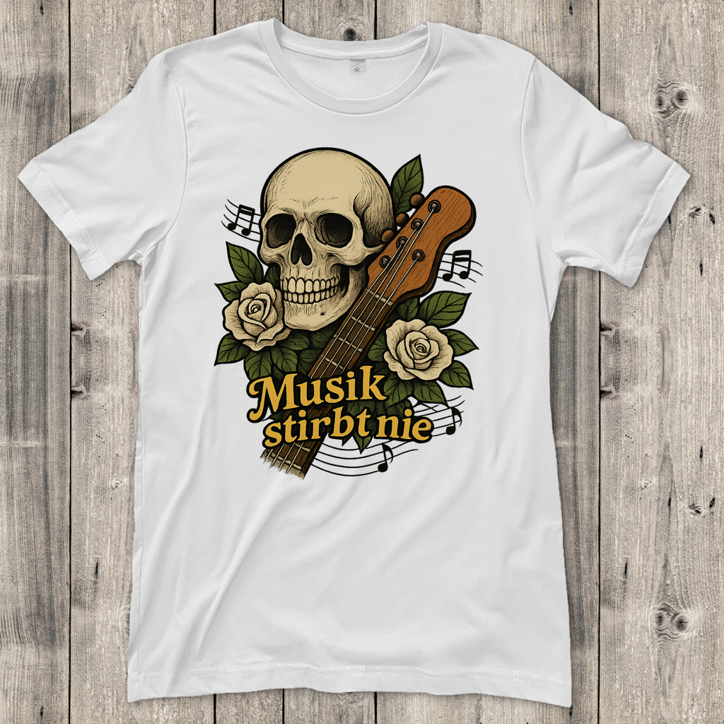 Damen T-Shirt Schädel weiße Rosen Musik stirbt nie
