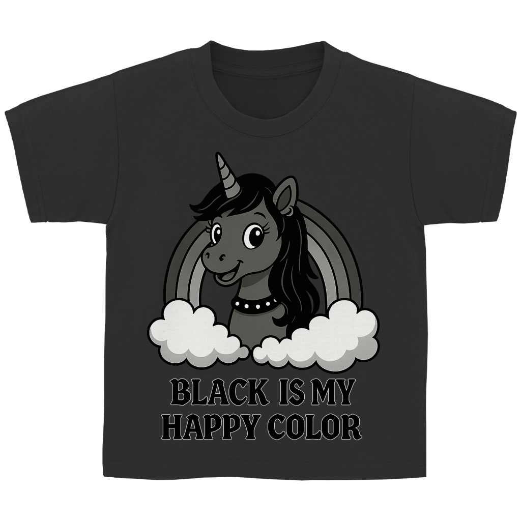 Kinder Basic T-Shirt Teenager Einhorn Black is my Happy Color