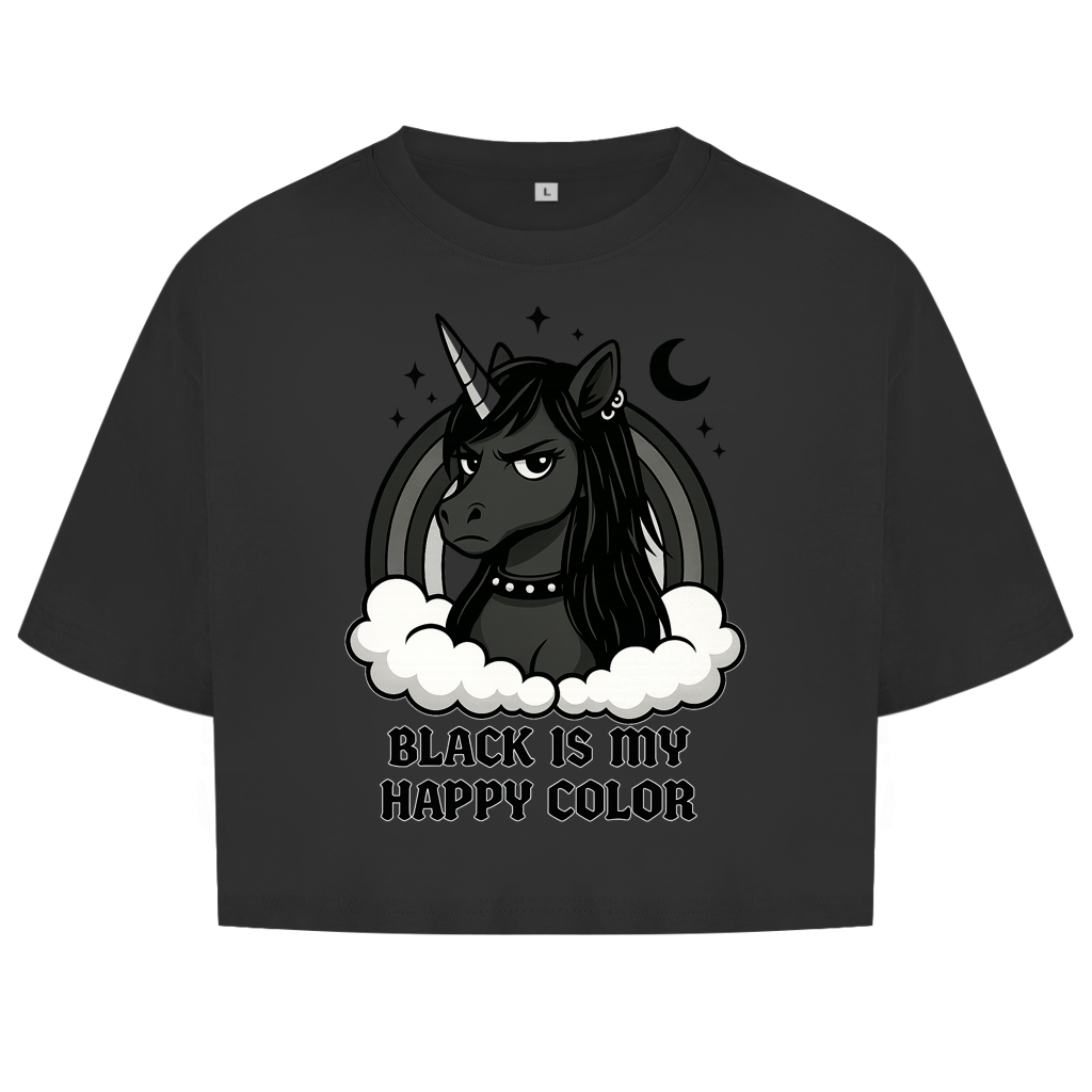 Damen Oversize Crop Top Damen Einhorn Black is my Happy Color