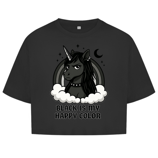 Damen Oversize Crop Top Damen Einhorn Black is my Happy Color