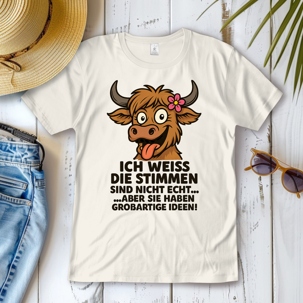 Damen T-Shirt Hochlandrind Dame Stimmen sind nicht echt