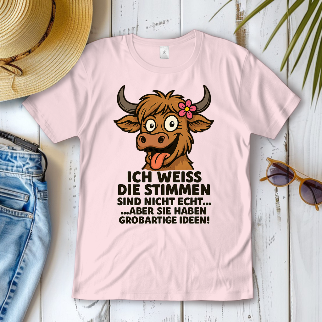 Damen T-Shirt Hochlandrind Dame Stimmen sind nicht echt