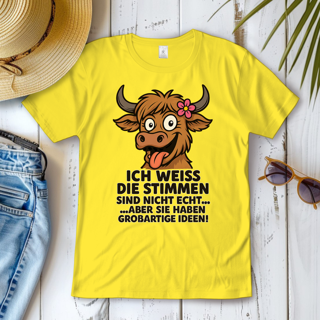 Damen T-Shirt Hochlandrind Dame Stimmen sind nicht echt