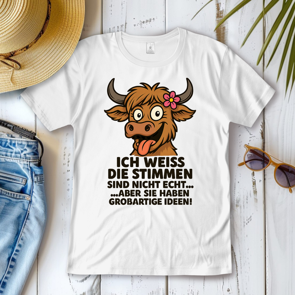 Damen T-Shirt Hochlandrind Dame Stimmen sind nicht echt