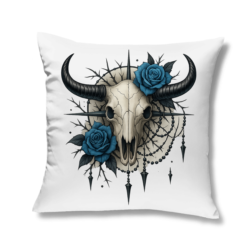 Kopfkissen Rinderschädel mit blauen Rosen, Dornen und Perlen