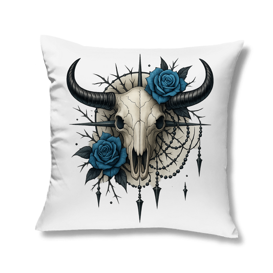 Kopfkissen Rinderschädel mit blauen Rosen, Dornen und Perlen