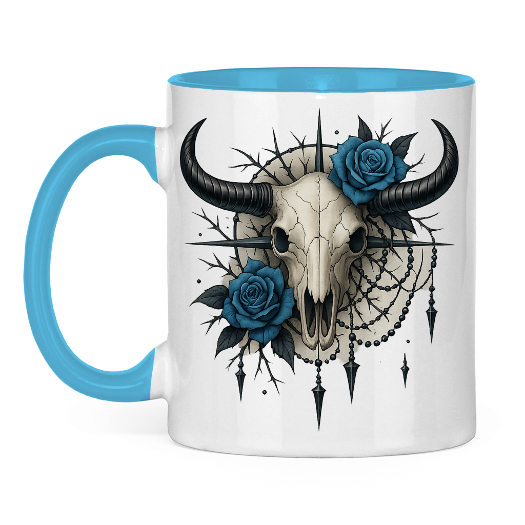 Tasse zweifarbig Rinderschädel mit blauen Rosen, Dornen und Perlen