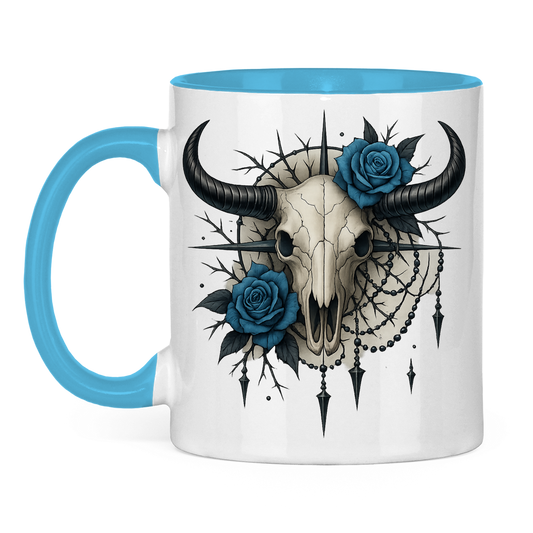 Tasse zweifarbig Rinderschädel mit blauen Rosen, Dornen und Perlen