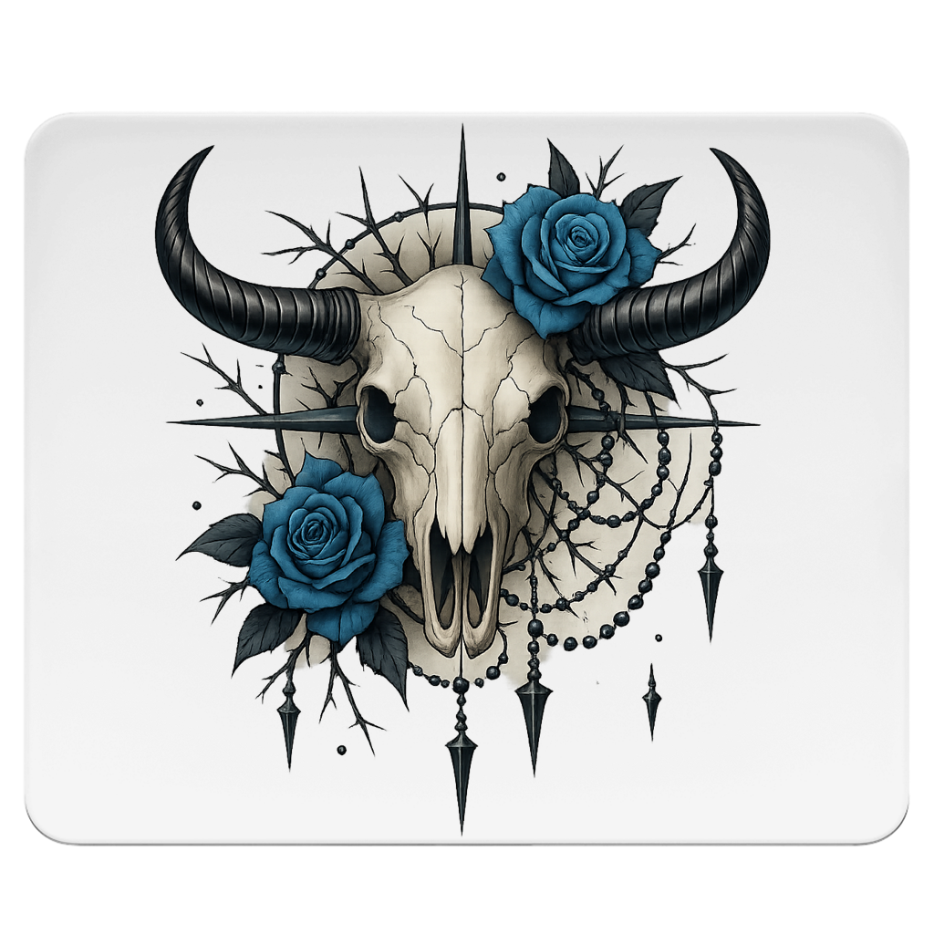 Mousepad Rinderschädel mit blauen Rosen, Dornen und Perlen